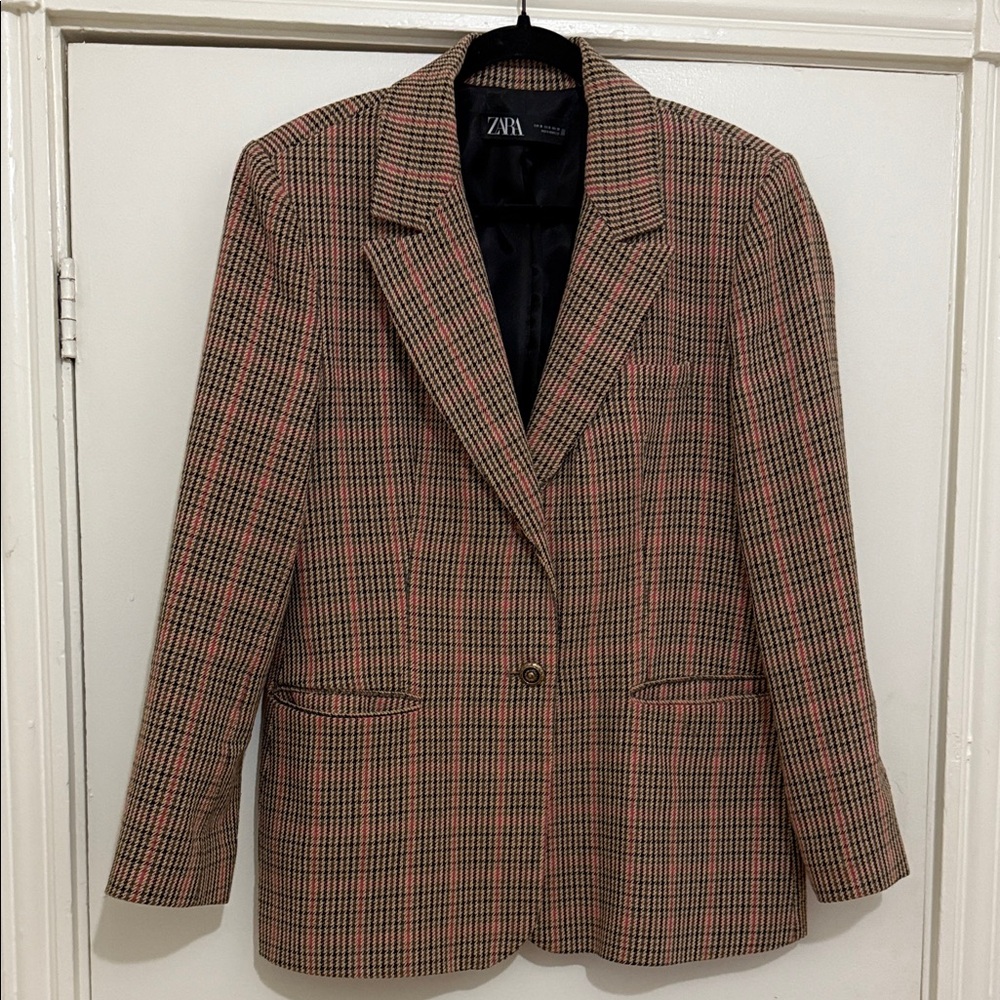 Zara Women's Checkered Blazer - Brown, Pink and Black